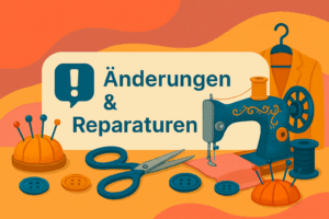 Illustration mit Nähmaschine, Schere, Maßband, Garnspulen und Knöpfen – Symbolbild für Änderungen und Reparaturen in der Schneiderei Nadelkissen.