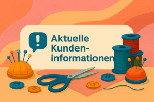Illustration mit Nähzubehör wie Garnspulen, Knöpfen, Schere und Pincushion – Symbolbild für aktuelle Kundeninformationen der Schneiderei Nadelkissen.