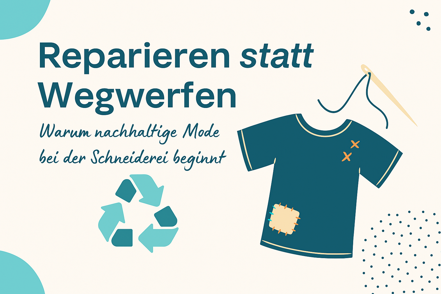 Illustration zum Thema „Reparieren statt Wegwerfen“ mit modernem Design: ein repariertes T-Shirt, Nadel mit Faden, Recycling-Symbol und typografischer Titel auf hellem Hintergrund.