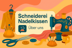 Illustration mit Jacke, Nähmaschine, Garnspulen, Maßband, Knöpfen und Pincushion – Symbolbild für die Über-uns-Seite der Schneiderei Nadelkissen.