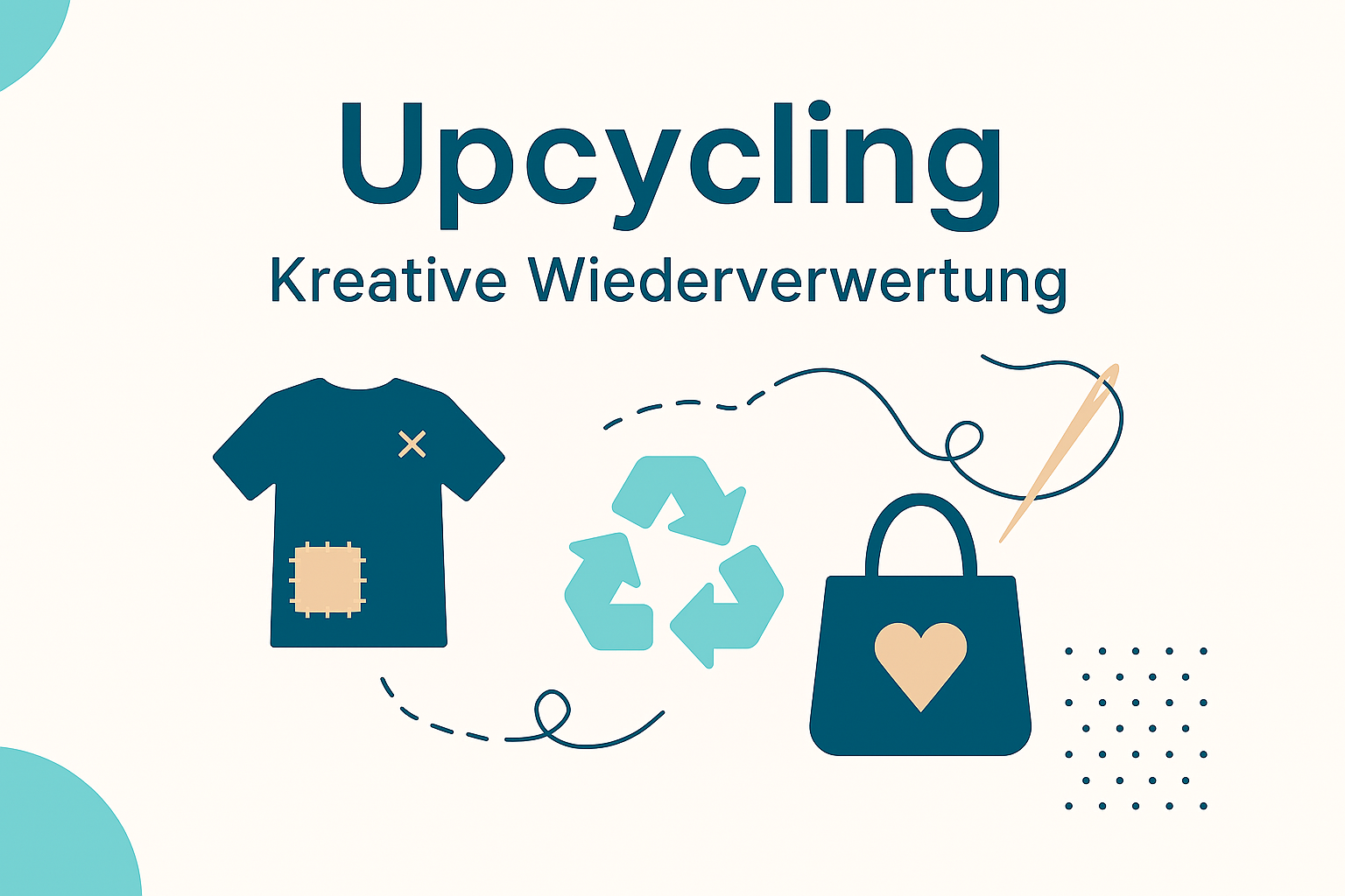 Illustration zum Thema Upcycling: repariertes T-Shirt, Recycling-Symbol, Upcycling-Tasche mit Herz, Nadel mit Faden – modernes Design in Teal und Beige auf hellem Hintergrund.